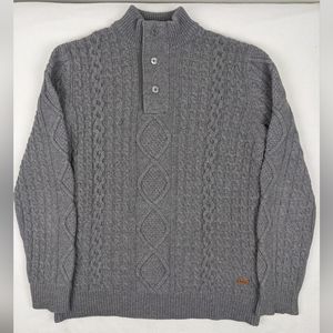 Barbour 100% Wool Cable Knit 1/4 Button Gray Mock Neck Pullover Sweater